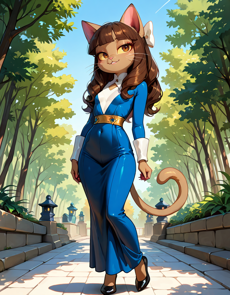 masterpiece, best quality, very aesthetic, absurdres,
outdoors, 
full body, posing, 
seductive smile, parted lips, long eyelashes,
 <lora:Ivy_Pepper_v01_NAIXL:1>
1vyP3pp3r,1girl,solo,furry,furry female,cat girl,cat ears,brown hair,hair bow,long hair,blunt bangs,brown eyes,yellow sclera,animal nose,whiskers,body fur,cat tail,
