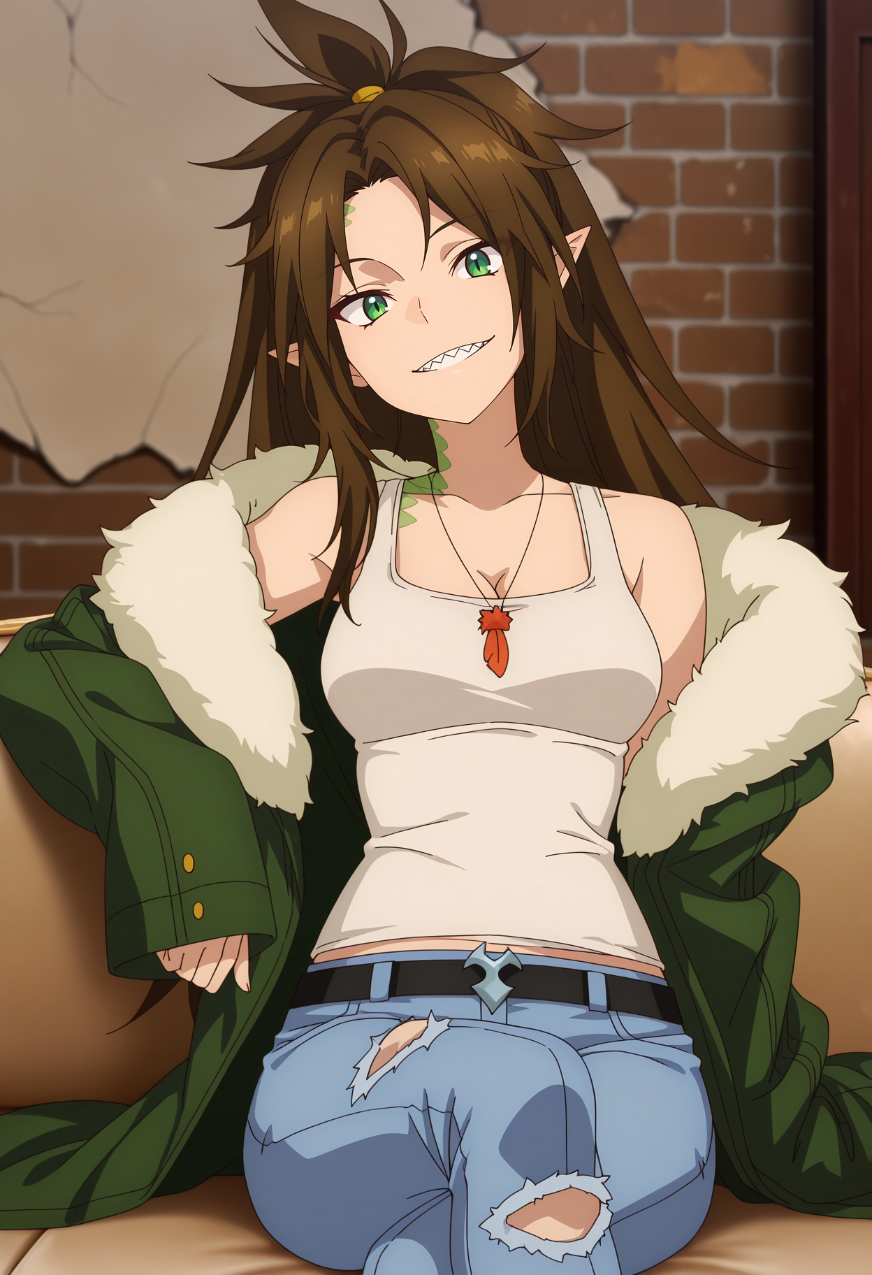 anime screencap, masterpiece, best quality,
<lora:YamiHealer_Zophia_IlluXL:0.9>,
1girl, solo, open mouth, smile, grin, clenched teeth, sharp teeth,
ponytail, parted bangs, long hair, brown hair, green eyes, pointy ears, lizard girl, scales,
off-shoulder jacket, fur-trimmed jacket, green jacket, white tank top, cleavage, medium breasts, pendant, sleeves past wrists,
midriff peek, black belt, belt buckle, torn jeans,
sitting, crossed legs, on couch, looking at viewer, head tilt, three quarter view,
indoors, brown background, crack, brick wall, photo background, blurry background