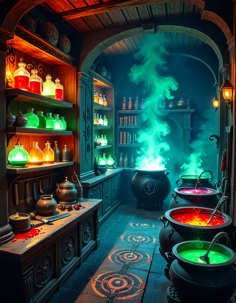 Hidden deep within the necromancerâs infernal domain lies a nightmarish kitchen, a grotesque fusion of alchemical laboratory and sacrificial chamber. The walls are carved from blackened bone and obsidian, pulsating faintly with necrotic energy. Faint green flames flicker in sconces made from twisted skeletal hands, casting eerie shadows across the macabre workspace. The air is thick with the scent of decay, ash, and something far worseâan indescribable aroma of corruption and dark magic.
At the center, a massive butcherâs table, scarred and stained with centuries of dried blood, serves as the primary workstation. Rusted, jagged knives, bone saws, and crude flesh-carving tools hang from hooks, their edges glistening with fresh remnants of something recently prepared. Nearby, grotesque cauldrons bubble with viscous, unnatural liquidsâblack ichor, boiling crimson blood, and glowing green elixirs swirl together, each concoction releasing haunting whispers as if infused with trapped souls.
Suspended from the ceiling, enormous iron hooks hold skinned carcassesâsome humanoid, others unrecognizable abominations stitched together from various creatures. Skeletal constructs, animated by unseen forces, mindlessly tend to the kitchen, stirring bubbling cauldrons and grinding unknown ingredients into fine powders using ancient, rune-etched mortars and pestles.
Along the walls, towering shelves hold disturbing "ingredients" sealed in glass jars: floating, disembodied eyes that track movement, severed hands that twitch sporadically, and writhing black worms that exude a thick, putrid slime. Bundles of dried, withered herbsâsome glowing faintly with infernal energyâhang from the rafters, alongside strips of preserved flesh, their origins best left unspoken.
In one corner, a massive, rune-inscribed oven burns with an unnatural, ghostly blue flame. The heat does not come from firewood but from the tormented souls bound within, their agonized wails fueling its endless infernal blaze. A massive iron cauldron sits atop a cracked stone hearth, where a thick, bubbling stew churnsâits surface occasionally breaking as something beneath struggles, clawing weakly before sinking back into the depths.
This is not a place for feastingâit is a workshop of the grotesque, where ingredients are harvested, flesh is repurposed, and the very essence of undeath is distilled into unholy nourishment. No living creature eats hereâonly the dead, the damned, and the things that should not be.
Style & Mood :
- Dark fantasy, gothic horror, necromantic aesthetics
- Cinematic, high-detail, eerie lighting
- Infernal atmosphere, filled with shadows, glowing green and crimson energy, and grotesque details
- Inspired by the works of ZdzisÅaw BeksiÅski, H.R. Giger, and dark medieval sorcery
<lora:SDXLFaeTastic2400:0.4> <lora:extremely_detailed:0.4> extremely detailed, <lora:mysterious_4lch3my_sh0p:1> mysterious 4lch3my sh0p <lora:nightmarish_k1tch3n:1>,nightmarish k1tch3n, Masterpiece,best quality,hi res,8k,hi res,8k,award winning,(sharp focus, intricate, highly detailed),