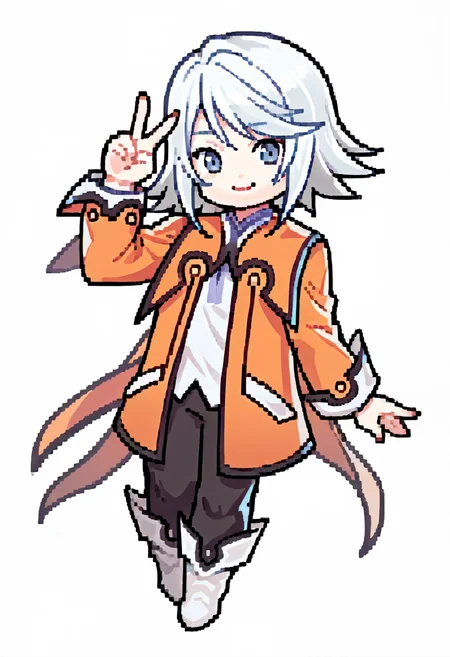 score_9, score_8_up, score_7_up, source_anime, 1girl, solo, smile, peace sign, <lora:Feh-Sprites-pdxl_Fp:1> simple background, chibi, full body, <lora:RaineToS-pdxl:1> defRne, white hair, short hair, blue eyes, orange coat, white shirt, long sleeves, black pants, boots, white footwear
