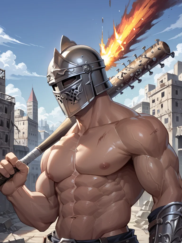score_9,score_8_up,score_7_up,source_anime,detailed face,higres illustration,<lora:spiked_bat_pony:1>,spiked bat,holding bat,muscular male,abandoned city,explosion,upper body,fantasy,knight,helmet,topless