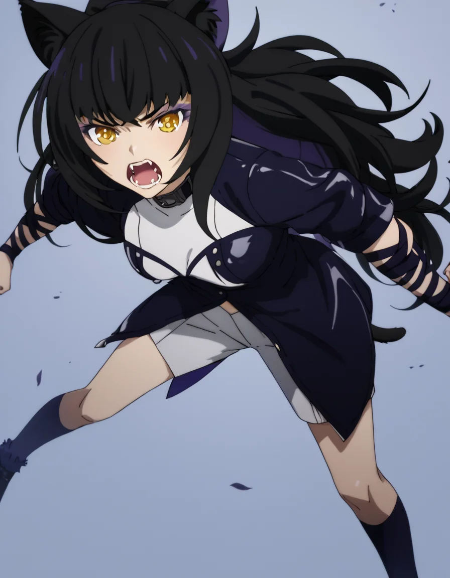 score_9, score_8_up, score_7_up, score_6_up, score_5_up, score_4_up, source_anime, BlakeBelladonna, long hair, black hair, yellow eyes, cat girl, , action pose