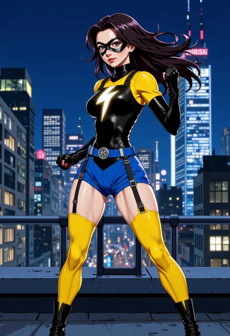 Full body Girl wearing latex suit.  Her suit is black and yellow with lighting bolt logo on her chest. the long black sleeves covering her arm which connected by a belt to the shoulder part of the latex suit. The black gloves covering her clenched fist, ready to punch. An eye mask covering around her beautiful eyes
She also wear Outer corset with black and yellow coloring, with a blue belt with silver buckle with a lightning bolt on it. 
The blue shorts connected with garter belts to each yellow thigh-highs and black boots.  
She is standing split, with one leg standing  on a night city rooftop, with dim neon lights at back.  She looks young and has smooth skin. Anime