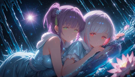 2girls, ((otomune kozue, one side up,green eyes):1.5), medium breasts, and ((yugiri tsuzuri, bob cut,red eyes):1.5), (smile,half-closed eyes,parted lips), medium breasts, BREAK (lying on ground,seductive pose,side-by-side), (magical:1.2), QUALITY (best quality, absurdres, masterpiece), wearing sleeveless blue dress, fur-trimmed capelet, bow, snowflake print, layered dress, satin, frills, snowflake hair ornament, pearl earrings, BREAK at winter, inside glacier cave, frozen lake, reflection, snowflake, ice crystal, stalactites, ice curtains, (multicolored_background:1.5), crystal lotus flowers, icicles, rainbow ice bubbles, BREAK (crystal theme:1.2), dark, glowing, dramatic lighting ,depth of field, bokeh,blurry background, (blurry foreground:1.4), (lens flare:1.3), sparkle, (refraction:1.2), (from behind), (dutch angle|fisheye:1.4), (rainbow highlight:1.3), <lora:illustrious_quality_modifiers_masterpieces_v1:0.25>, <lora:Dramatic Lighting SliderIL:2.5>, <lora:DarkSlider1.2_alpha1.0_rank16_full_300steps_illustrious:-0.75>, <lora:d\EnvyZoomSliderXL01:2.75>, <lora:outline_xl_end:-6>,  <lora:colorful_sdxl_v2_lbw:1>, <lora:DynamicPoseIL2att_alpha1.0_rank4_noxattn_900steps:1>,  <lora:illustrious_all_rated_v1:0.15>, <lora:StS-Illustrious-Detail-Slider-v1.0:1>, <lora:hasunosora_pony:0.75>,