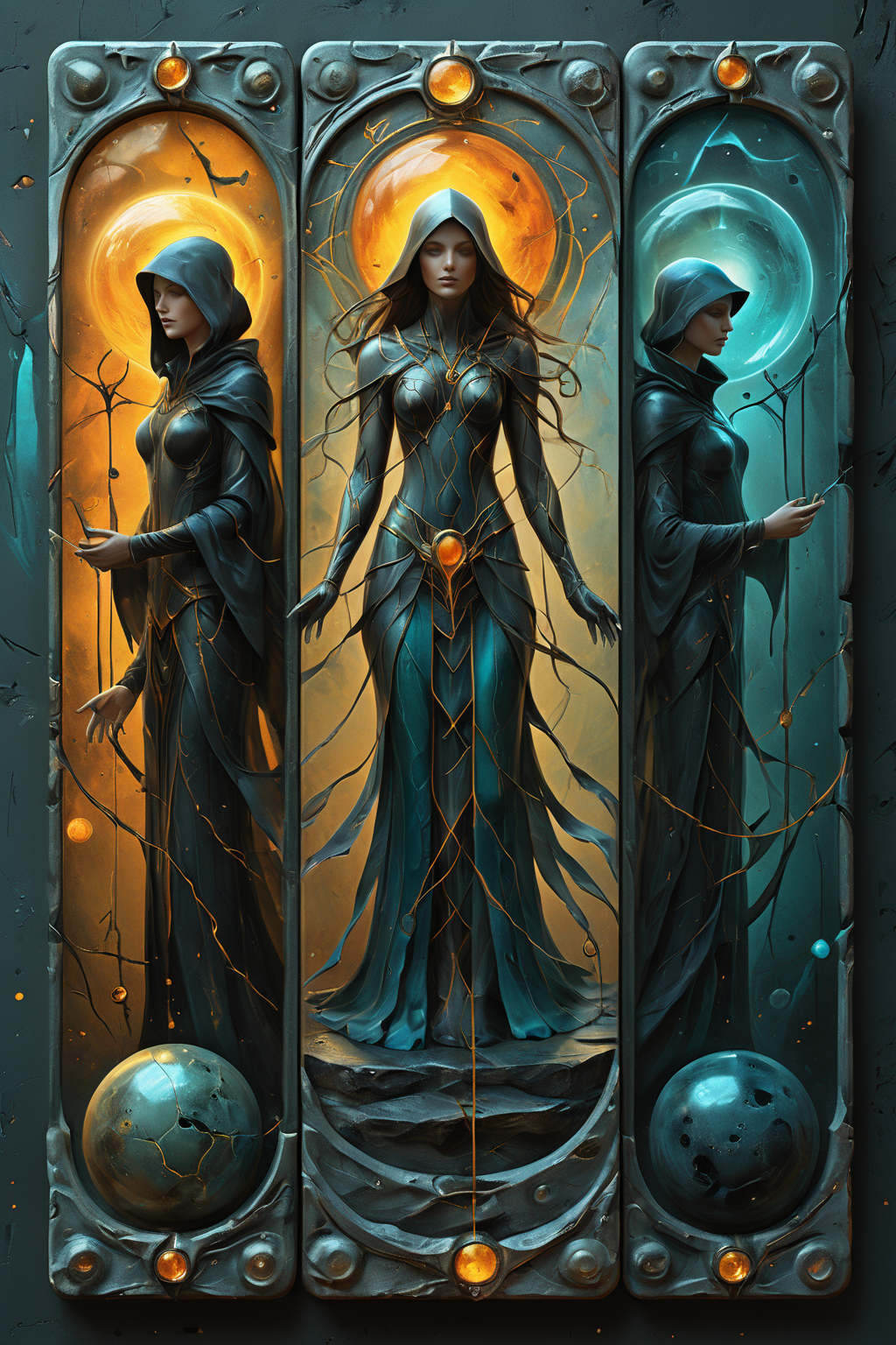 <lora:artfullyENGRAVED_SDXL_V1:0.4>,masterpiece,intricately detailed,high resolution,best quality,absurd resolution,mastercrafted, Mock ui, occult themed, oracle customized deck creator, 3 PERSONAS, colorful storytelling, dark cyan and amber, detailed atmospheric portraits, detailed character design, dreamlike illustration, flowing textures, in the style of realistic and hyper-detailed renderings, mysterious beauty, in the style of realistic fantasy artwork, in the style of dreamlike illustration, in the style of hyper-detailed illustrations, three tarot cards are standing amongst a dark landscape ,granite,ivory,obsidian,stained glass,transluscent,masterpiece,brilliant color story,illusionism,futuristic geometric abstractionism,in the style of hyperrealism,organic,male oracle,<lora:artfullymaleform_sdxl_v1:0.35>,<lora:ARTFULLYORACLESDXL-V1:0.4>,<lora:artfullydrow__sdxl_v1:0.26>,<lora:artfullyDRUID_sdxl_v1:0.45>,