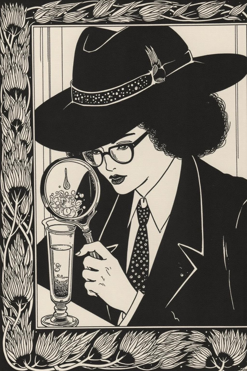 aubea1 illustration. Portrait of a female detective scowling into a magnifying glass. The glass is crystal clear, showing a water portal through the glass. The detective is wearing a pair of old fashion glasses, and a black suit that emanates her shadowy figure. <lora:aubea2_cap_d6a3:1.0><lora:823984077247047776:0>