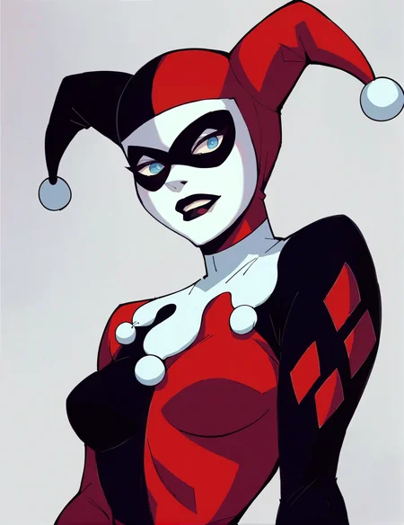 score_9, score_8_up, score_7_up,score_9, score_8_up, score_7_up,source_cartoon,<lora:RealStyle__Pony_XL:0.5>,<lora:Harley:0.7>,1girl, jester cap, black mask, pale white skin, black lips, white collar, har1992, black and red suit, blue eyes without pupils