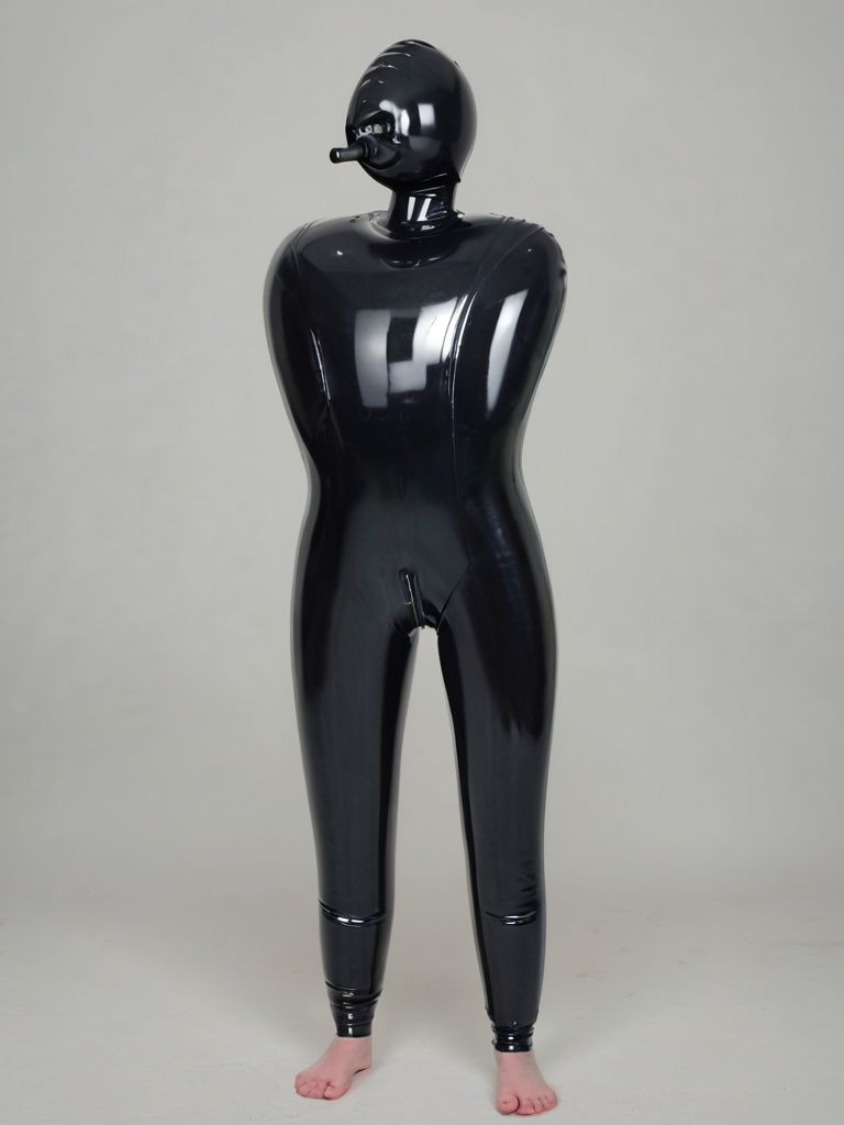 woman in shiny black infltltx cover-all catsuit with attached breathing tube, <lora:infltltx:1> infltltx