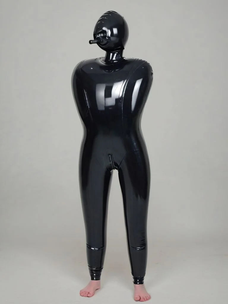 woman in shiny black infltltx cover-all catsuit with attached breathing tube, <lora:infltltx:1> infltltx