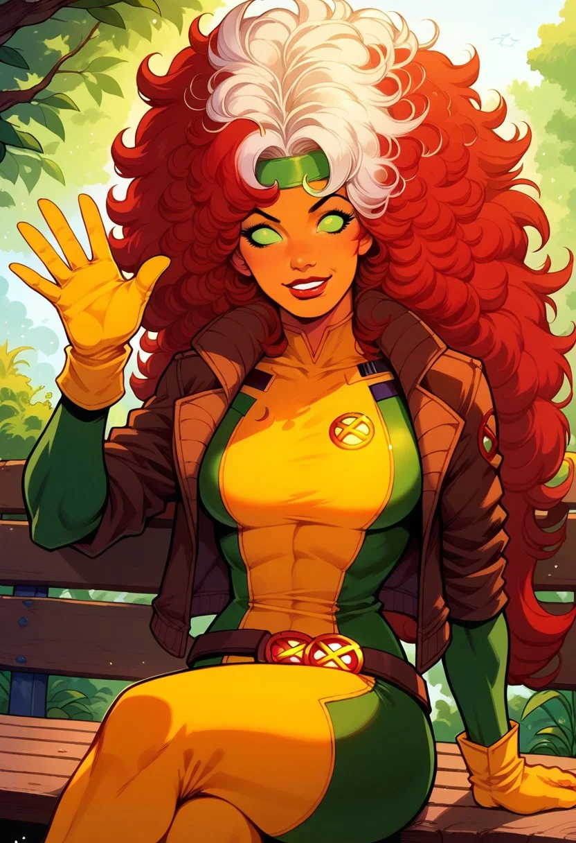 score_9, score_8_up, score_7_up,score_9, score_8_up,<lora:r0gue:0.85>,1girl, StarfireDG, red hair, orange skin, green eyes, no pupils, rogueSDXL,1girl,solo,long hair,looking at viewer,red hair,gloves,green eyes,jacket,white hair,open clothes,open jacket,lips,bodysuit,makeup,headband,lipstick,skin tight,multicolored clothes,buckle,belt buckle,leather,superhero,bomber jacket,dyed bangs,multicolored bodysuit,green bodysuit,yellow bodysuit, sitting on bench, smile, waving hand, smile, kind, looking at viewer, dynamic view, in the garden, sfw