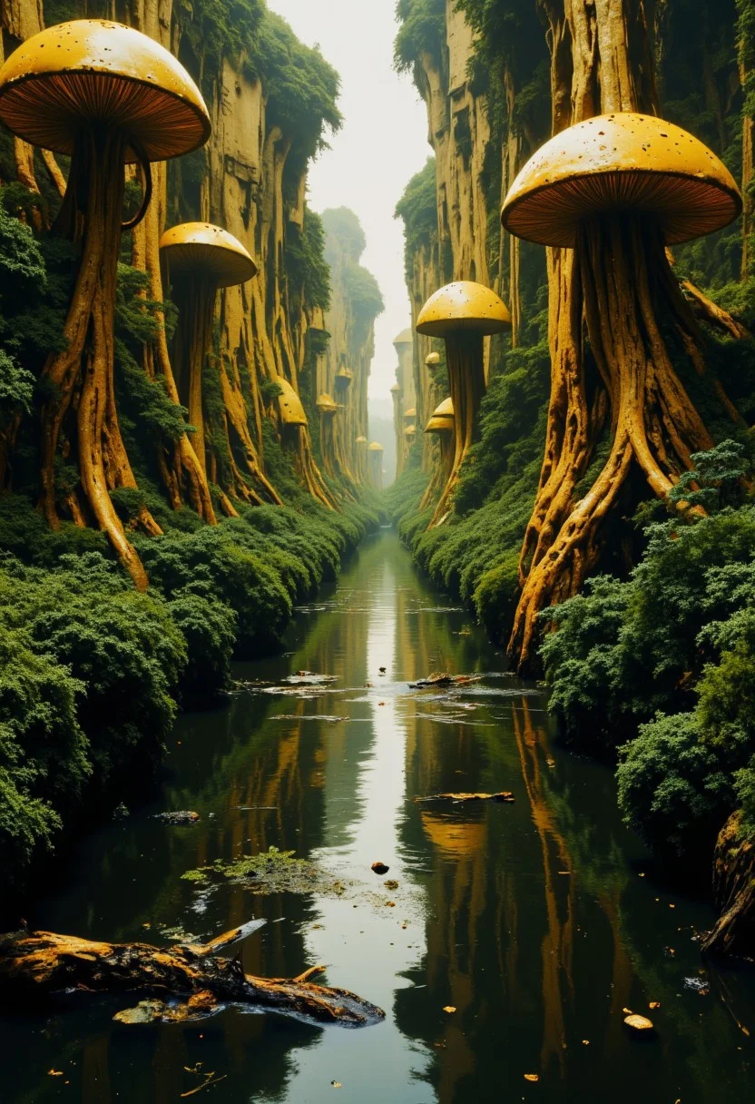 artilands02, an endless swamp where the water is pitch black and writhing, reflecting nothing. Gigantic mushroom stalks tower like skyscrapers, their gills dripping a thick, golden sap that hardens into glass-like shards upon contact with the air. The ground pulses rhythmically, breathing like a living organism. In the distance, twisted structures loom—buildings that look organic, as if they were grown rather than built. A deep, droning hum vibrates through the landscape, as if the very air is singing an ancient, unsettling song.
