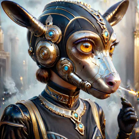 (upper body shot), (kangaroo|giraffe in an intricate black spacesuit with a ((transparent helmet)) that covers her face partially, blue cat eyes,
((shooting a RaygunGothicStyleAI that shoots lasers like smoke rings)), perfect, intricate, :1.1), wearing a super sexy leather ranger outfit, by ZdzisBaw BeksiDski's and H.R. Giger and Stefan Martiniere and Tomer Hanuka, hyper detailed, award winning on artstation.com,(intricate details, masterpiece, best quality:1.4), looking at viewer, dynamic pose, wide angle view, dense fog, Different shades of oxblood red and Rainbowiridal palette eyes and lemon yellow, embellished with gold decoration, fractal art, in the style of nicola samori, Intense gaze, Bright... ,Model, expression