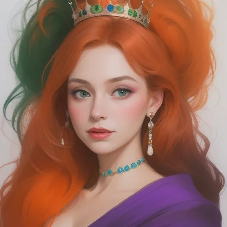 Portrait of a beautiful Queen.
Orange, red, green,  purple colors only.
