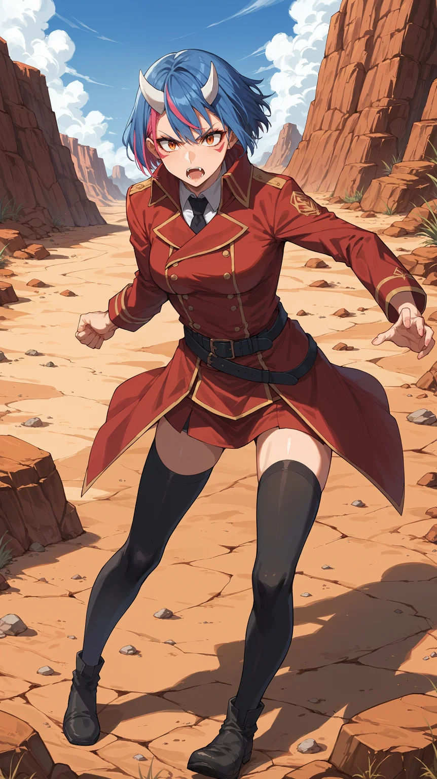 score_9,score_8_up,score_7_up,score_6_up, source_anime, zPDXL3, <lora:xl_more_art-full_v1:0.5>, woman, dynamic pose, fighting stance, <lora:Gobwa - Pony-000004:0.8>, blue hair, pink streaks, multicolored hair, streaked hair, short hair, orange eyes, white horns, small horns, facial markings, fangs, black necktie, red skirt, black belt, black thighhighs, high collar, red jacket, desert, canyon, sandstone, cracked floor,