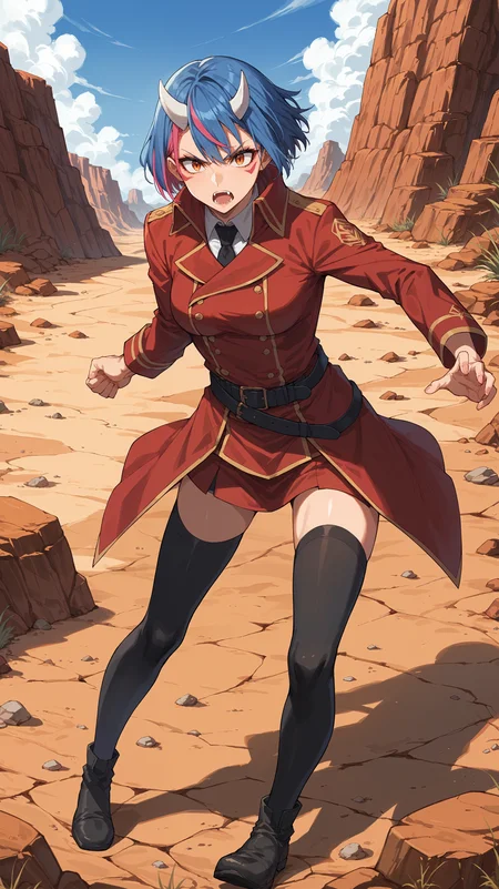 score_9,score_8_up,score_7_up,score_6_up, source_anime, zPDXL3, <lora:xl_more_art-full_v1:0.5>, woman, dynamic pose, fighting stance, <lora:Gobwa - Pony-000004:0.8>, blue hair, pink streaks, multicolored hair, streaked hair, short hair, orange eyes, white horns, small horns, facial markings, fangs, black necktie, red skirt, black belt, black thighhighs, high collar, red jacket, desert, canyon, sandstone, cracked floor,