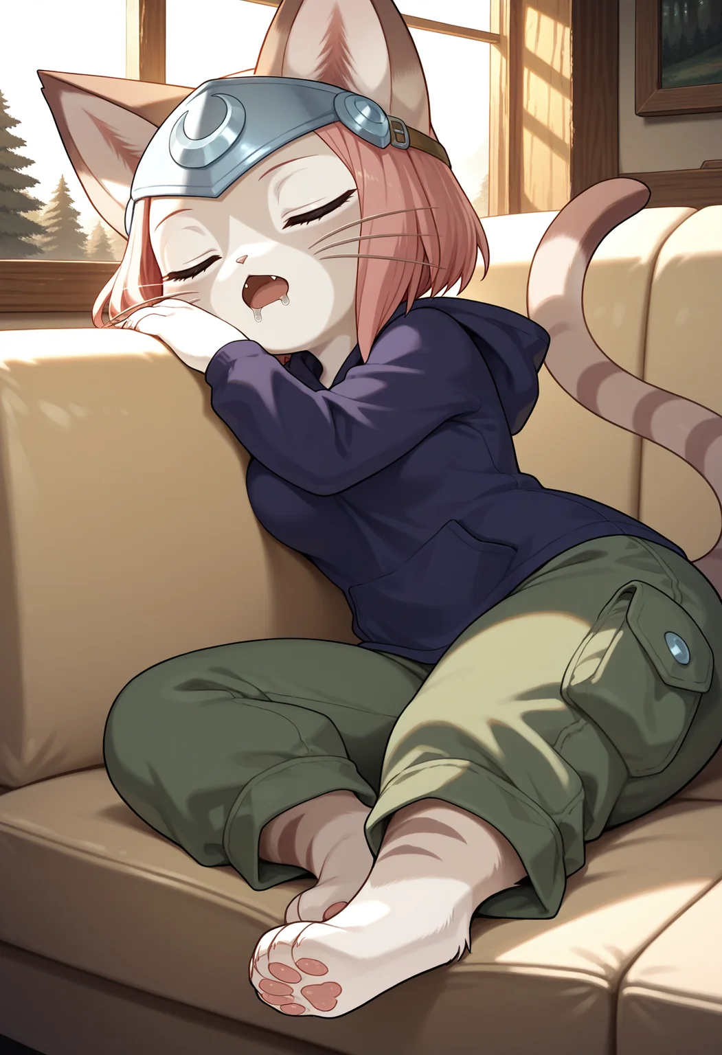 [Tsukino IL showcase::0] masterpiece, best quality, Tsukino \(Monster Hunter Stories\), female furry, felyne, brown fur, two tone fur, pink hair, cat tail, whiskers, digitigrade, bob cut, forehead protector, hoodie, hood down, cargo pants, shortstack, medium breasts,
sleeping, open mouth, leaning to the side, (drooling:0.9), head rest,
detailed background, indoors, couch, sunbeam, window, sunlight, cabin interior, forest,
<lora:TsukinoIL_v2:1.0>