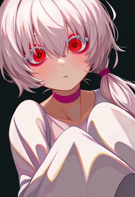 masterpiece,best quality,absurdres, amazing quality, hi res, masterpiece, best quality, detailed, amazing quality, detailed face, detailed eyes, clean eyes, best quality, highres, very aesthetic, newest, ultra-detailed, illustration, (best quality:1.1),ultra-detailed, high resolution, super detailed skin, beautiful detailed eyes, nsfw, Brightly Lit, Highly Visible, 8k, sharp focus, beautiful, perfect lighting, beautiful eyes, anatomically correct, anatomically correct face, extremely detailed eyes, smooth edges, beautiful face, symmetrical eyes, symmetrical face,
BREAK MNSTRBLL_ST, 1girl, upper body, white hair, albino, makeup, blush, eyeshadow, pink choker, colored eyelashes, hair between eyes, hair over eyes, sidelocks, low tied hair, hair over shoulder, long hair, messy hair, long sleeves, pale skin, red eyes, detailed eyes, white sundress, simple background, black background, sleeves past wrists, sleeves past fingers, white theme, masterpiece, best quality, amazing quality, very awa, absurdres, very aesthetic