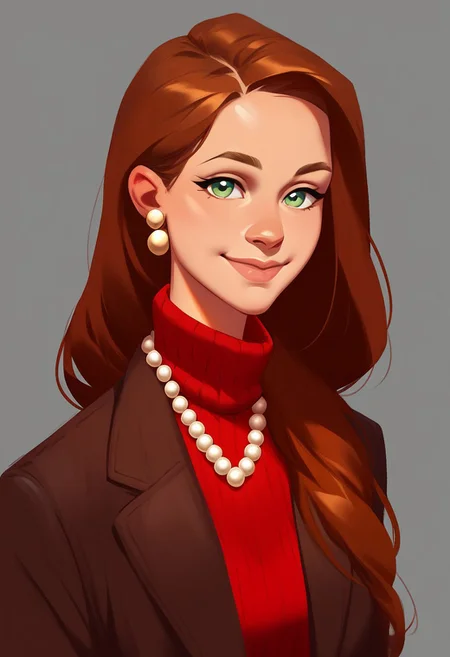 score_9, score_8_up, score_7_up, score_9, score_8_up, score_7_up, casual game art style, casual game art, mobile game art, merge 3 game art, character design, casemrart, victit,1girl, solo, green eyes, brown hair, long hair, red sweater, formal, (dark brown jacket), suit, closed mouth, smile, gold earrings with pearl, pearl necklace, medium close-up shot, looking at viewer, simple background, grey background