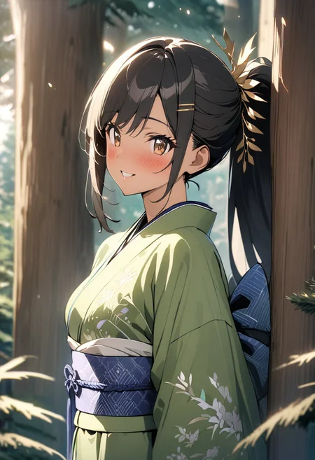 gorgeous lips, cinematic, (masterpiece), (best quality), (ultra-detailed), very aesthetic, illustration, perfect composition, intricate details, absurdres, detailed face, (anime, masterpiece, intricate:1.3), (best quality, hires textures, high detail:1.2), perfect hands, brown eyes,
1girl, very long black hair, high ponytail, side swept bangs, medium breasts, perfect eyes, 8k, highest quality, ultra details,1girl, solo, perfect brown eyes
,(japanese clothes, pastel green kimono, fancy print, kimono, blue sash, wide sleeves, obi) white socks, sandals, gold leaf hair clip, walking, in a pine tree forest, noon time, summer season,fluffy clouds in the sky, 
cinematic lighting, blush, smile, happy, looking at viewer, sparkling eyes, photoshoot, portrait shot, from the side