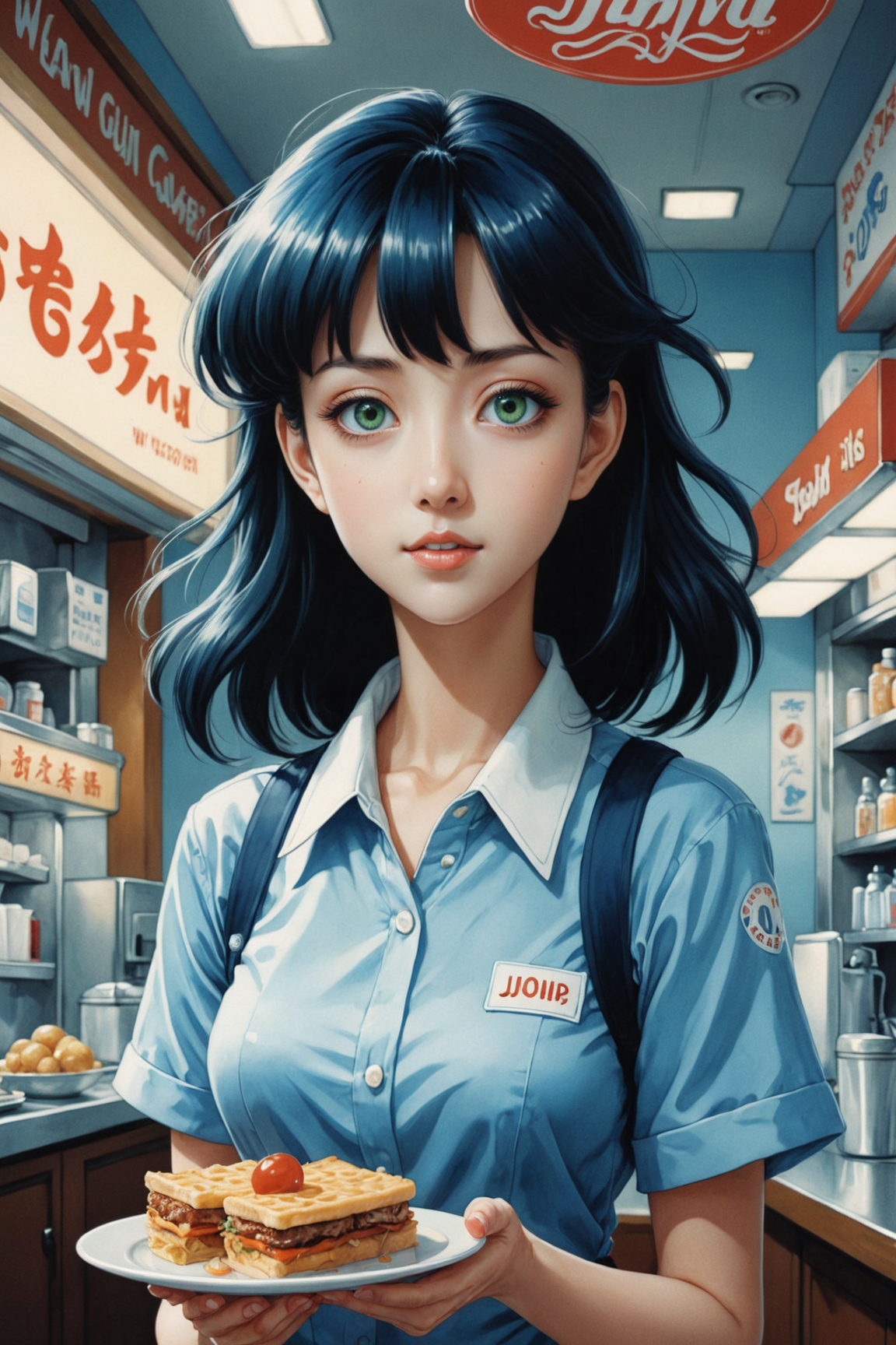 waitress ,  <lora:EnvyRetroDreamXL01:0.65> , by Kelly Mckernan and Jessica Rossier in the style of Junji Ito <lora:more_art:0.30> <lora:RMSDXL_Enhance:0.50> <lora:RMSDXL_Creative:0.50> <lora:RMSDXL_Photo:0.25> <lora:RMSDXL_Darkness_Cinema:0.50> <lora:clothing_slider:3.00> <lora:great_lighting:1.50> <lora:aesthetic:1.50> <lora:photorealistic_portrait:0.75> <lora:extremely_detailed:1.25> <lora:dpo:0.25> <lora:perfect_hands:0.50>