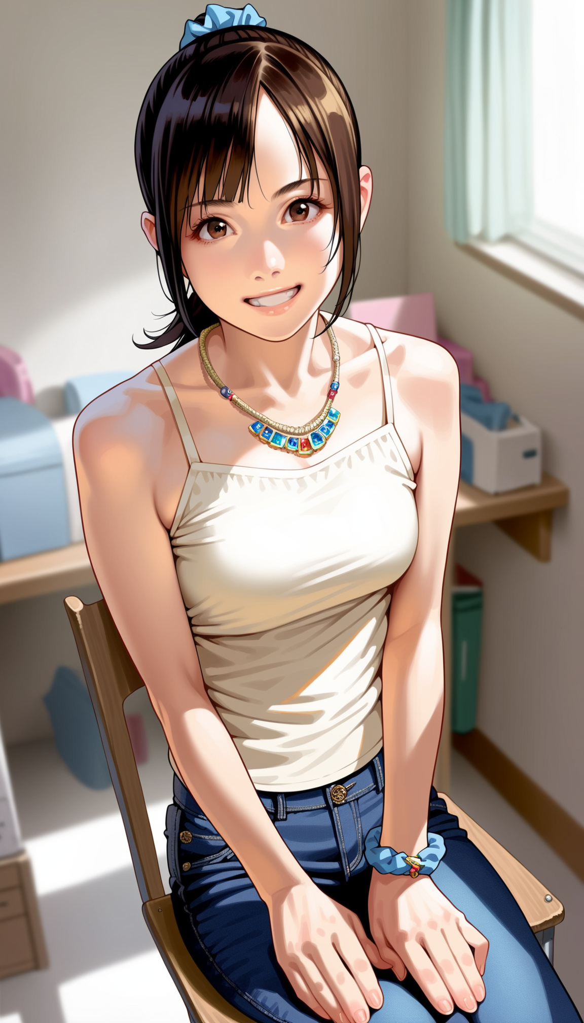 score_9,score_8_up,score_7_up,
<lora:miiyamotohikari:0.9>,miiyamotohikari,
photorealistic,
1girl,solo,black hair,bangs,ponytail,blue scrunchie,brown eyes,looking at viewer,facing aside,grin,white camisole,necklace,bracelet on the left wrist,jeans,sitting on chair,hands on legs,cowboy shot,from above,
blurry background,simple background,indoors,neat and tidy room,