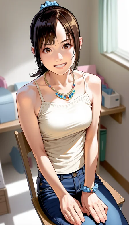 score_9,score_8_up,score_7_up,
<lora:miiyamotohikari:0.9>,miiyamotohikari,
photorealistic,
1girl,solo,black hair,bangs,ponytail,blue scrunchie,brown eyes,looking at viewer,facing aside,grin,white camisole,necklace,bracelet on the left wrist,jeans,sitting on chair,hands on legs,cowboy shot,from above,
blurry background,simple background,indoors,neat and tidy room,