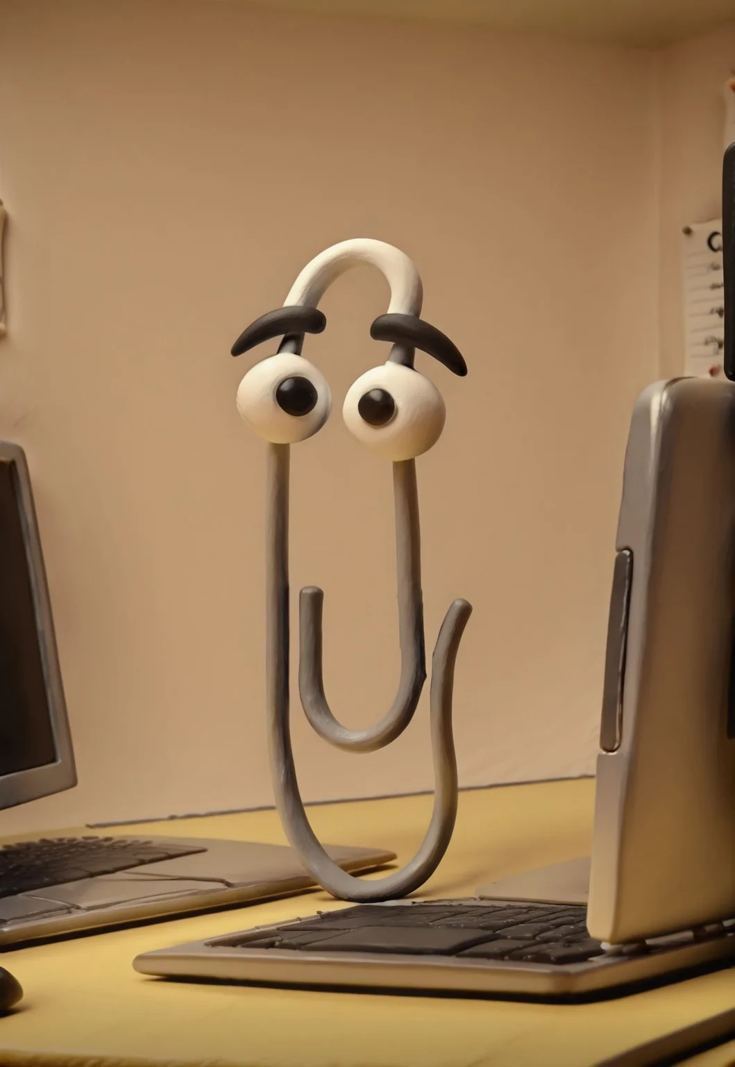 neverhoodstyle, clay,  highly-detailed, best quality, masterpiece, very aesthetic, cl1ppy, pokemon (creature), solo, no humans, computer, office background