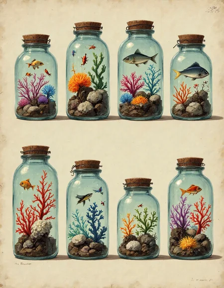 The image showcases a meticulously arranged collection of vintage-style glass jars, each serving as an aquarium, in the spirit of early 20th century illustrations reminiscent of Mary Blair's whimsical touch or Charile Harper's fantastical interpretations. The jars are neatly aligned in two rows—four in the front and five behind them—each filled with clear water that starkly contrasts the vibrant marine life within. High-quality, hand-painted details capture a myriad of colors inspired by ocean environments, including blues, greens, yellows, along with randomized hues such as purples, oranges, and reds. The vivid illustration style boasts intricate patterns on the jars themselves, echoing vintage designs, while the marine creatures inside are depicted with meticulous realism, from tiny fish to elaborate coral formations. The neutral background, suggesting a studio setting, keeps the focus on the exquisite display. This masterpiece of an illustration captures the wonder and curiosity of marine life, making it both an educational tool and a striking piece of artwork that celebrates oceanic diversity in high detail.