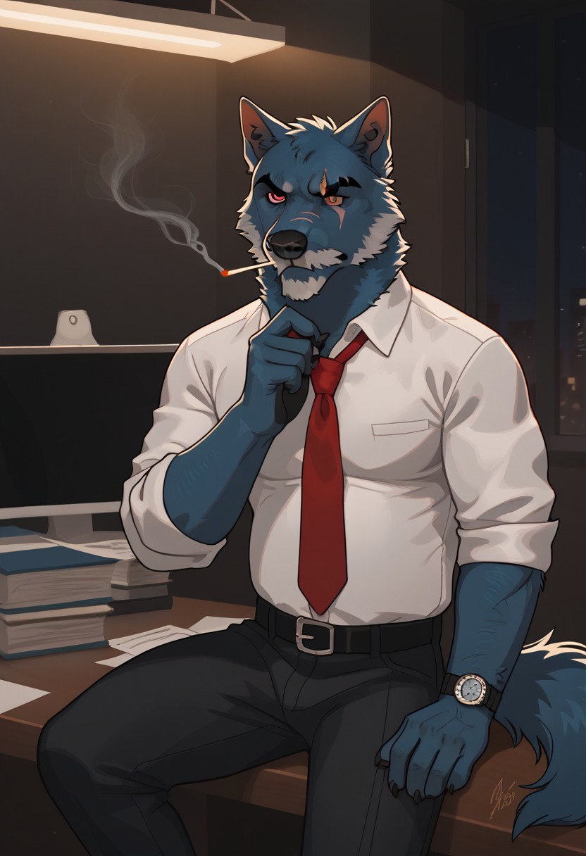 score_9, score_8_up, score_7_up, score_6_up, score_5_up, score_4_up, masterpiece, high quality, detailed face, detailed body, 
anthro, furry, wolf, blue body, eye scar, mouth scar, red eye, right blind eye, grey beard, grey moustache, dad, buff, grumpy, wide body, belly, 
Rolled up sleeves, white shirt, red necktie, long necktie, black social pants, belt, night, office room, shoulder holster, detective, sitting on desk edge, smoking, watch
