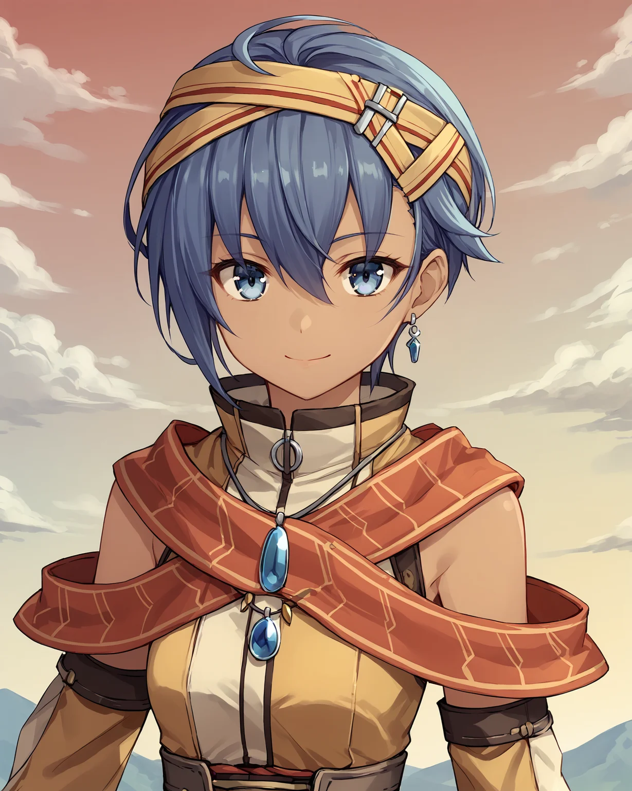 score_9, score_8_up, score_7_up, score_6_up, score_5_up, score_4_up, BREAK,
source_anime,
<lora:TrailsThroughDaybreak-Playable:0.9>, Feri Al-Fayed, blue eyes, blue hair, short hair, dark-skinned female, small breasts, headband, single earring, pendant, yellow dress, red sash, red scarf, detached sleeves, bracelet, asymmetrical legwear, sandals,
looking at viewer, smile, upper body, portrait,
1girl, outdoors, sky, clouds, distant mountains
nyonyonba_tarou,