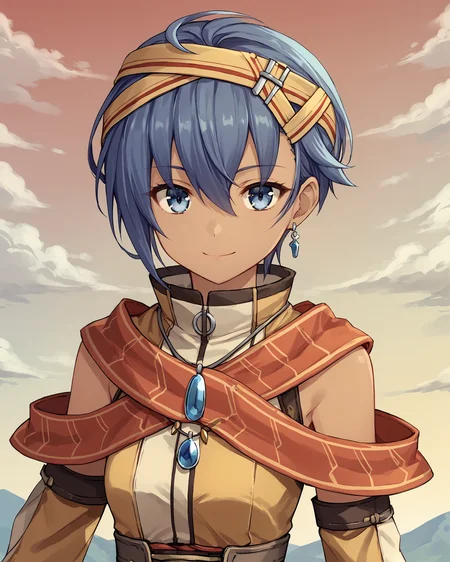 score_9, score_8_up, score_7_up, score_6_up, score_5_up, score_4_up, BREAK,
source_anime,
<lora:TrailsThroughDaybreak-Playable:0.9>, Feri Al-Fayed, blue eyes, blue hair, short hair, dark-skinned female, small breasts, headband, single earring, pendant, yellow dress, red sash, red scarf, detached sleeves, bracelet, asymmetrical legwear, sandals,
looking at viewer, smile, upper body, portrait,
1girl, outdoors, sky, clouds, distant mountains
nyonyonba_tarou,
