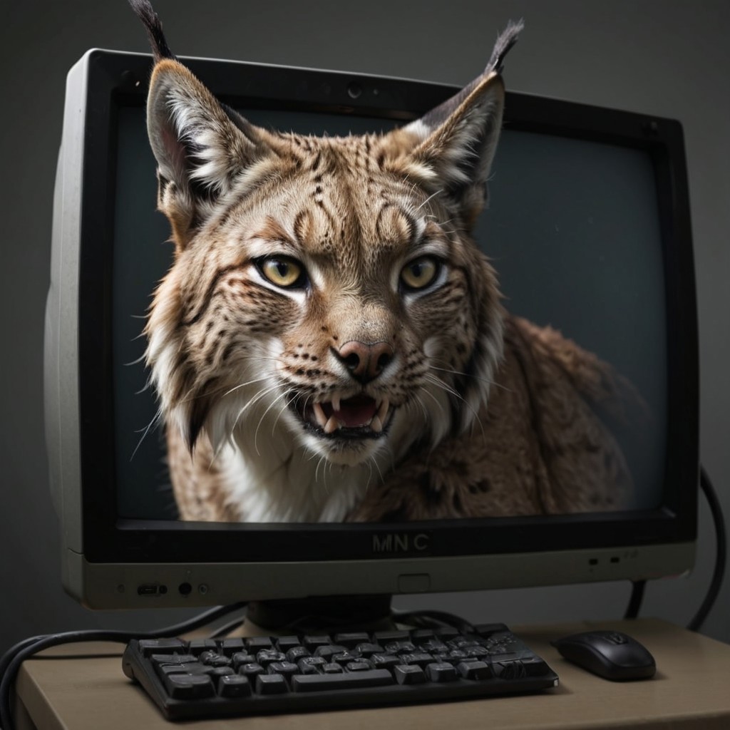 eurasian lynx, looking at monitor, chewing on cable, cable mess, mntnnc_md_plz_stand_by, text on monitor: "maintenance mode: plz stand by"