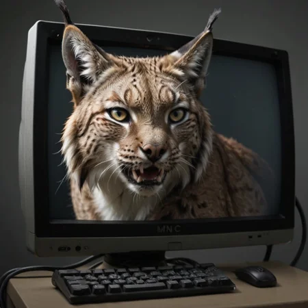 eurasian lynx, looking at monitor, chewing on cable, cable mess, mntnnc_md_plz_stand_by, text on monitor: "maintenance mode: plz stand by"
