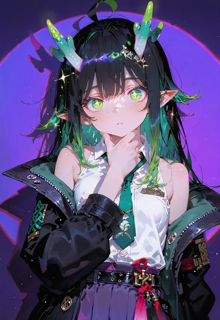 looking at viewer,bust shot,face focus

Contemplating look,hand on chin,eye squint

1 girl,petite,loose unruly messy hair,messy bangs,black hair, (vibrant green accents hair:1.1),fair skin,dragon horns,green eyes,(sparkling eyes:1.1),freckles,ahoge,pointy ear

Large Black coat with green accent,coat hanging sleeves,white sleeveless buttoned shirt tucked in,green tie, exposed shoulder,dark purple skirt,black belt

Color background, bright purple background,(shadow:1.2), front lighting,glimmer, [scales design], sparkling,(anagylph refraction:1.5),(front spotlight:1.2),(purple hue:0.8),(colors green glow:1.4)

Cunnystyle,748cmstyle,Smooth_Quality,masterpiece,best quality,amazing quality, aesthetic,(vibrant colors:1.6),(bold lines:1.3),(saturated:1.5),