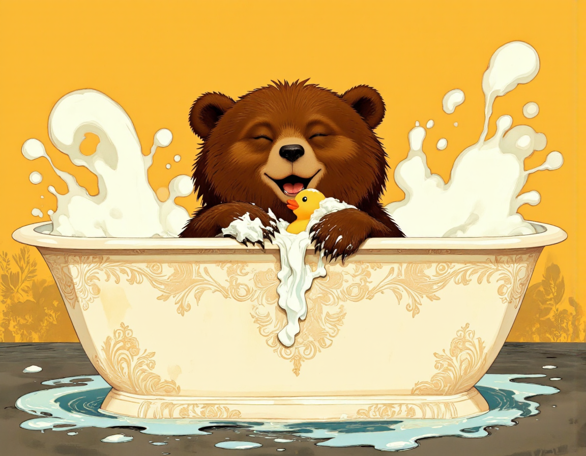 horror style <lora:bear:1>, This is a vibrant, digital illustration featuring an anthropomorphic brown bear enjoying a playful bath. The bear is centrally placed in a large, white, ornate ceramic bathtub with intricate floral designs on its sides. The bear's fur is a rich, dark brown, and it has a contented, smiling expression, with closed eyes and a wide, open mouth. Its paws are covered in soapy foam, and it is holding a yellow rubber duck with a cheerful expression. The duck is partially submerged in the frothy water, adding to the playful scene. The background is a warm, muted yellow, giving a cozy and inviting feel. The water is depicted as a mix of white and blue hues, with splashes and bubbles adding to the lively atmosphere. The illustration style is whimsical and cartoon-like, with smooth lines and a playful color palette. The overall mood is cheerful and whimsical, capturing a moment of joy and relaxation. . dark, eerie, gothic, macabre
