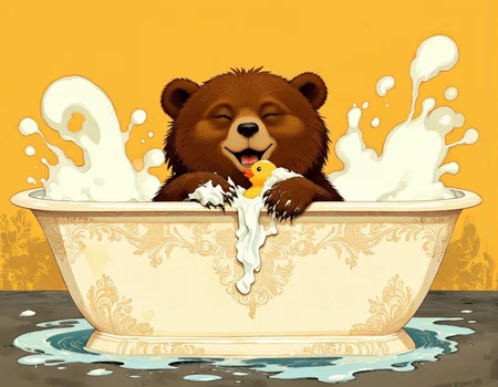 horror style <lora:bear:1>, This is a vibrant, digital illustration featuring an anthropomorphic brown bear enjoying a playful bath. The bear is centrally placed in a large, white, ornate ceramic bathtub with intricate floral designs on its sides. The bear's fur is a rich, dark brown, and it has a contented, smiling expression, with closed eyes and a wide, open mouth. Its paws are covered in soapy foam, and it is holding a yellow rubber duck with a cheerful expression. The duck is partially submerged in the frothy water, adding to the playful scene. The background is a warm, muted yellow, giving a cozy and inviting feel. The water is depicted as a mix of white and blue hues, with splashes and bubbles adding to the lively atmosphere. The illustration style is whimsical and cartoon-like, with smooth lines and a playful color palette. The overall mood is cheerful and whimsical, capturing a moment of joy and relaxation. . dark, eerie, gothic, macabre