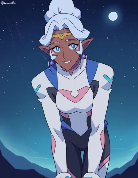score_9, score_8_up, score_7_up, source_anime,
princessallura, <lora:princess-allura-anime-ponyxl-lora-nochekaiser:1>,
allura, blue eyes, white hair, pointy ears, dark skin, dark-skinned female, facial mark, elf, dark elf,
jewelry, earrings, hair bun, bodysuit,
outdoors, space, starry sky, moon, night, bent over, smile,
looking at viewer, cowboy shot, solo, dutch angle,
