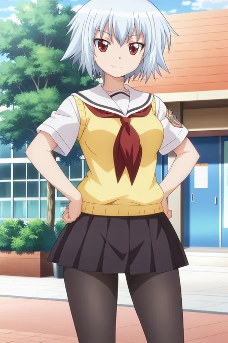 anime screenshot, ben-tou, 1girl, solo, yarizui sen, blue hair, short hair, red eyes, medium breasts, school uniform, serafuku, white shirt, short sleeves, white sailor collar, yellow sweater vest, black skirt, pleated skirt, red neckerchief, black pantyhose, looking at viewer, smile, hands on own hips, cowboy shot, outdoors, masterpiece, best quality, high quality, highres, absurdres, <lora:yarizui_sen_ILXL:0.9>