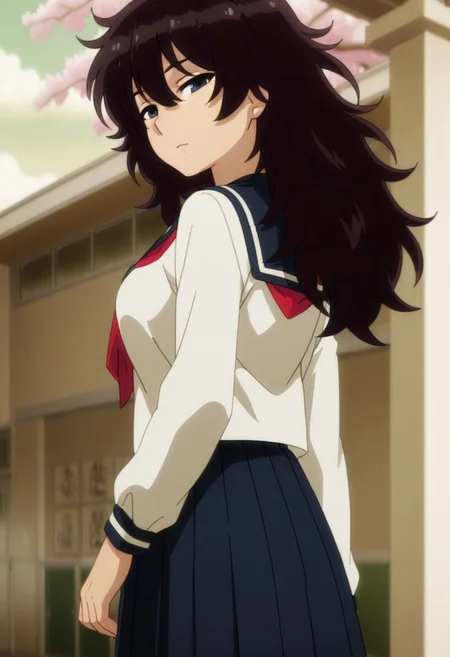 masterpiece,perfect quality,best quality,absolutely eye-catching,absurdres,highres,newest,anime coloring, anime screencap,(1girl,solo),Calligraphy_Girl, long hair, messy hair, black hair, large breasts, serafuku, school uniform, red neckerchief, blue skirt, long skirt, standing, looking at viewer, looking back, from behind, outdoors, sunny, school, sakura trees, cherry blossoms