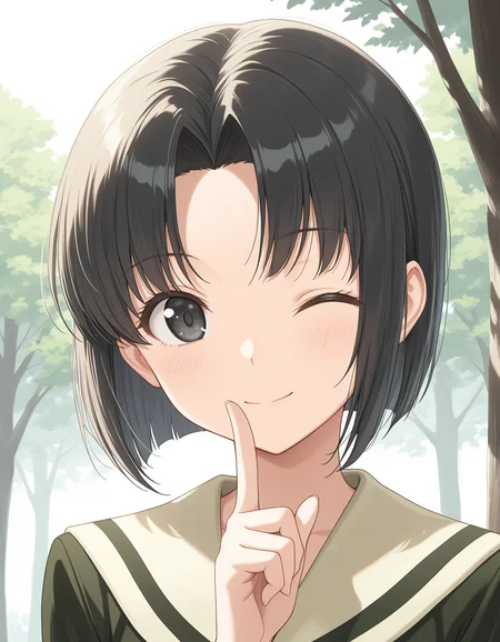 1girl, solo, mizuno youko, black hair, short hair, parted bangs, black eyes, smile, one eye closed, lillian girls\' academy school uniform, green serafuku, raised index finger, portrait, outdoors, trees, light theme, simple background, masterpiece, best quality, very aesthetic <lora:mizuno_youko_illustrious_v1:0.7>