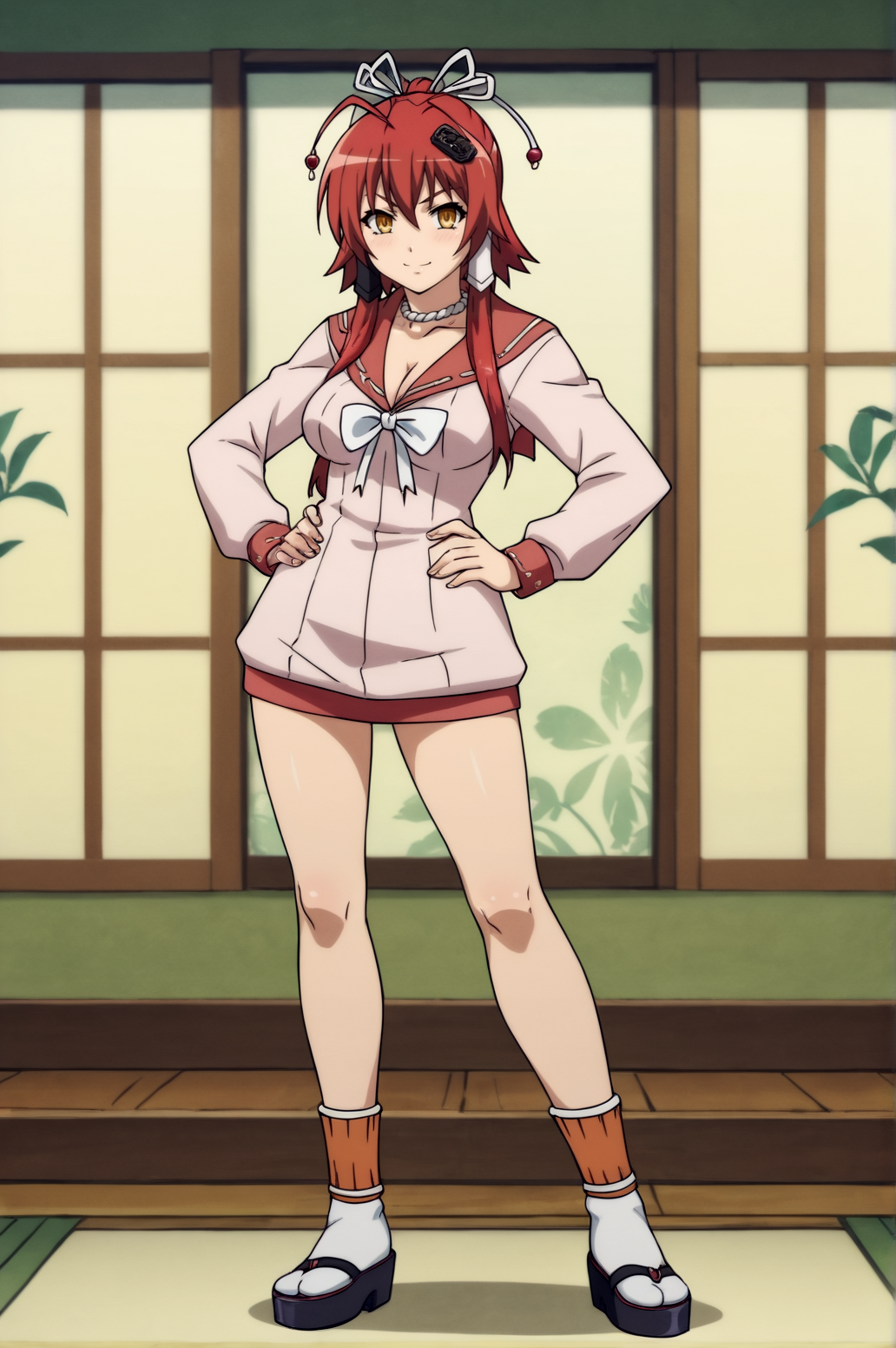 score_9, score_8_up, score_7_up,anime_source, source_anime, best background, detailed background, anime screencap,  Jubei, cleavage, ribbon, school uniform, sheath, rope, sexy, seductive body, seductive smile, hands on hips, full body, indoors, <lora:JN_Akane_Jubei_Yagyu:0.8>