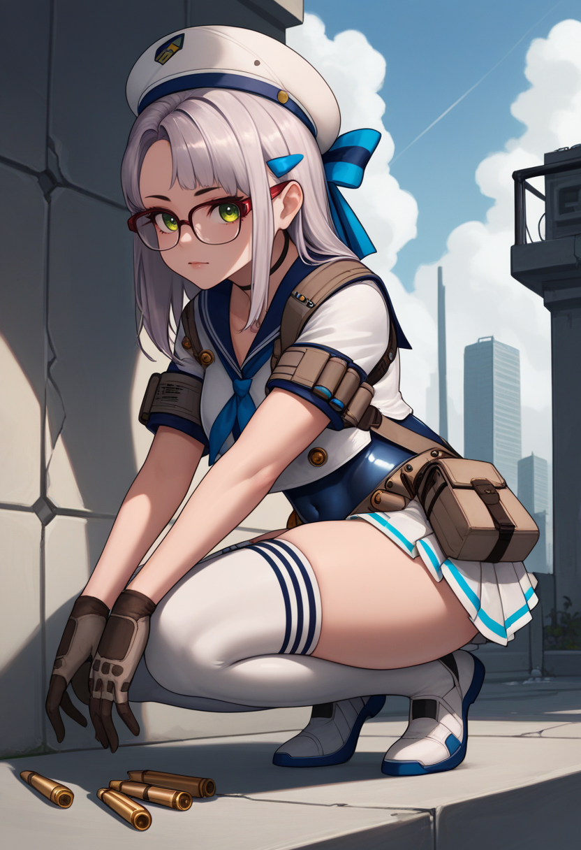 score_9, score_8_up, score_7_up, source_anime BREAK 1girl, solo, <lora:neon-nikke-richy-v1_pdxl:0.9> neondef, green eyes, grey hair, bangs, long hair, glasses, hair bow, hairclip, beret, blue sailor collar, blue neckerchief, white shirt, swimsuit under clothes, pleated skirt, gloves, thighhighs, parted, breasts, from side, belt pouch, armband, satchel, thighs, covered navel, science fiction, post-apocalypse, outdoors, city, ruins, squatting, bullet, ammunition belt, looking at viewer, hands on knees