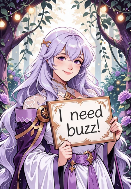 (1girl:1.2), (solo:1.1), need_buzz, holding sign, beautiful face, basedrd, wavy hair, very long hair, purple eyes, circlet, purple cape, white dress, off-shoulder dress, wide sleeves, long dress, purple belt, looking at viewer, (close up), upper body, mid shot, pleasant smile, Indoor, forest, purple plants, vines, purple flowers, hanging baskets, fairy lights, lanturns, masterpiece, good quality, best quality, very aesthetic, absurdres, scenery, volumetric lighting, Detailed face, detailed background, volumatic lighting, newest,