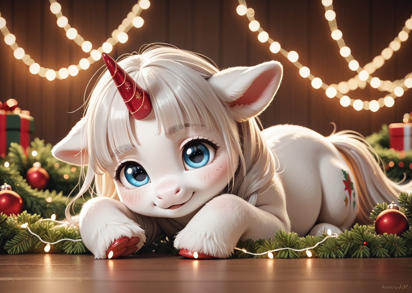 score_9, score_8_up, score_7_up, score_6_up, score_5_up, score_4_up, detailed, realistic, illustration, 8k, unicorn foal with christmas lights wrapped around its horn (cute furry feral:1.2), source_furry <lora:Animal_Christmas:0.8> animal christmas