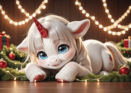 score_9, score_8_up, score_7_up, score_6_up, score_5_up, score_4_up, detailed, realistic, illustration, 8k, unicorn foal with christmas lights wrapped around its horn (cute furry feral:1.2), source_furry <lora:Animal_Christmas:0.8> animal christmas
