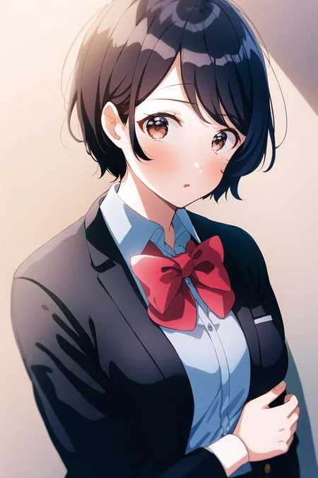 1girl, short hair, calm, cardigan, bow tie, collared shirt,
<lora:HanakoStyle:1>