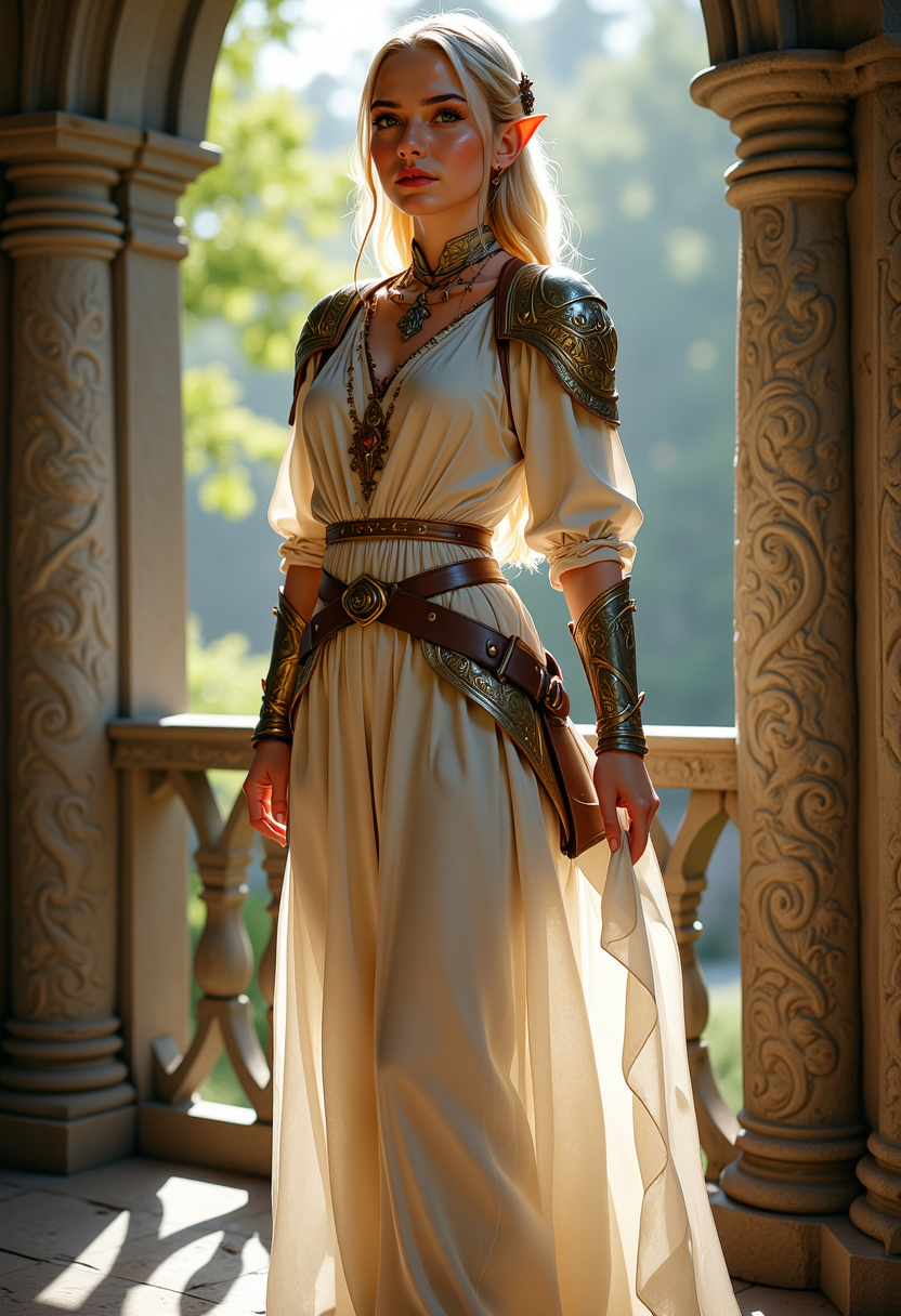 Full body view, Headshots, masterpiece, a beautiful woman, Hyperrealistic, she is smiling, dynamic angles, multiple angles, photoshoot poses; A photo of reai, a woman with blonde hair, she has massive breasts, a beautiful girl,  wearing earrings and a necklace. She she is standing on a balcony, in an ancient elvish city surrounded by an ancient forest, she is wearing an ornate white dress, and white shoes. The scene is happy and welcoming, well-lit environment, with a dynamic pose and a sense of action. and the lighting is soft, creating a dramatic effect, and creating a focused and dynamic pose. The scene is set in a beautiful, well-lit environment, with a sense of action and adventure. Style: realistic hyper-detailed rendering, 32k UHD, expressive eyes, punk, graphic design, girl's face, pretty and cute, gleaming lips, telling a tale of adventure. Exuding confidence and serenity. The overall mood of the image is happy and relaxed, with detailed skin texture (blush:0.2),(goosebumps:0.3), subsurface scattering,  a playful and whimsical tone,perfect hand, hand, detailed hand,niji style,retro50s_style,

