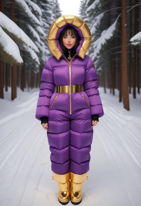 ((((puffer padded jacket)))), ((((puffer padded coat)))), ((((full body)))), ((((fur boots)))), ((((puffer pants)))), ((((puffer hood up)))), winter, snow, forest, 1girl, solo, (masterpiece), detailed face, detailed eyes, (beautiful detailed eyes:1.5), sidelighting, (super detail, hyper detail, intricate_details, detailed), (semi realistic:1.6), (Bob cut), blunt bangs,(black hair), (purple eyes, eyelashs), smug smile, angry face, Golden jewelery, golden rings, golden necklace, golden armlets, padded cuffs, padded collar, Thick padded cuffs, Thick padded collar, <lora:Collar-SDXL:0.6>, <lora:Cuffs-SDXL:0.6>, <lora:Puffer_Jacket_and_Down_Jacket_-_Extra_Puffy_Jackets:0.4>, <lora:snowpants_v1:0.4>
