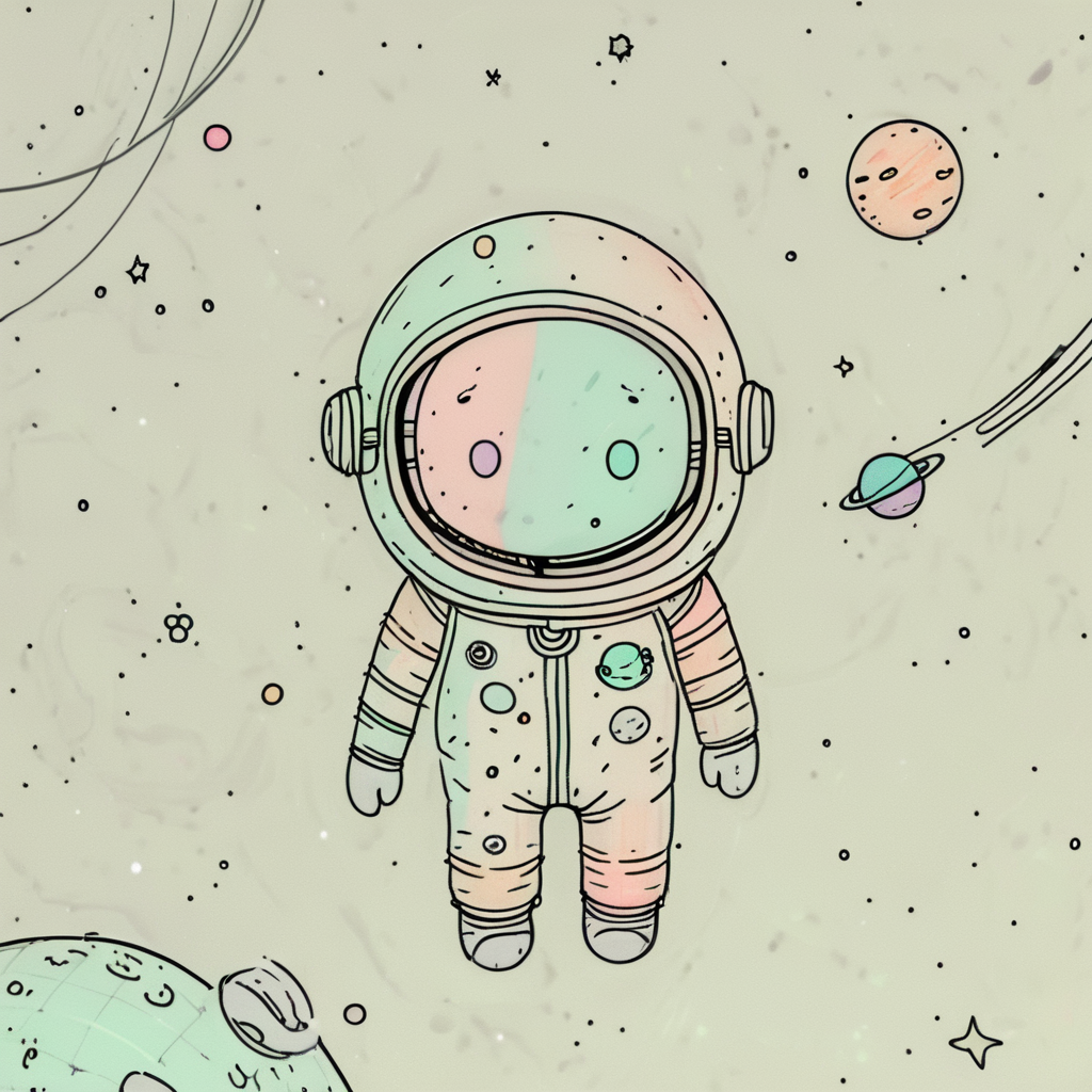 Adorable doodle astronaut floating in space, simple line art style, pastel color palette, stars and planets in background, kawaii face, round helmet, oversized spacesuit ArsWorld, Doodle, <lora:ArsMorph_-_World_of_Doodle:1>