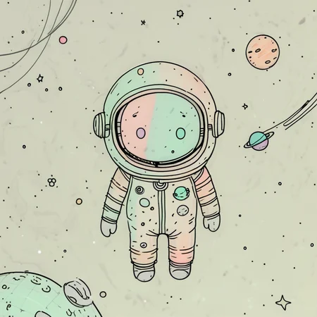 Adorable doodle astronaut floating in space, simple line art style, pastel color palette, stars and planets in background, kawaii face, round helmet, oversized spacesuit ArsWorld, Doodle, <lora:ArsMorph_-_World_of_Doodle:1>